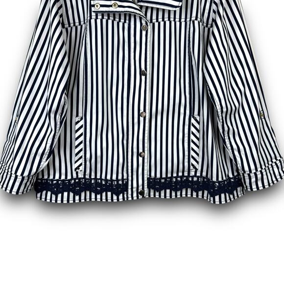 Chicos Navy Blue White Stripe Lightweight Jacket Zipper Front Roll Tab Sleeve XL - Picture 3 of 12
